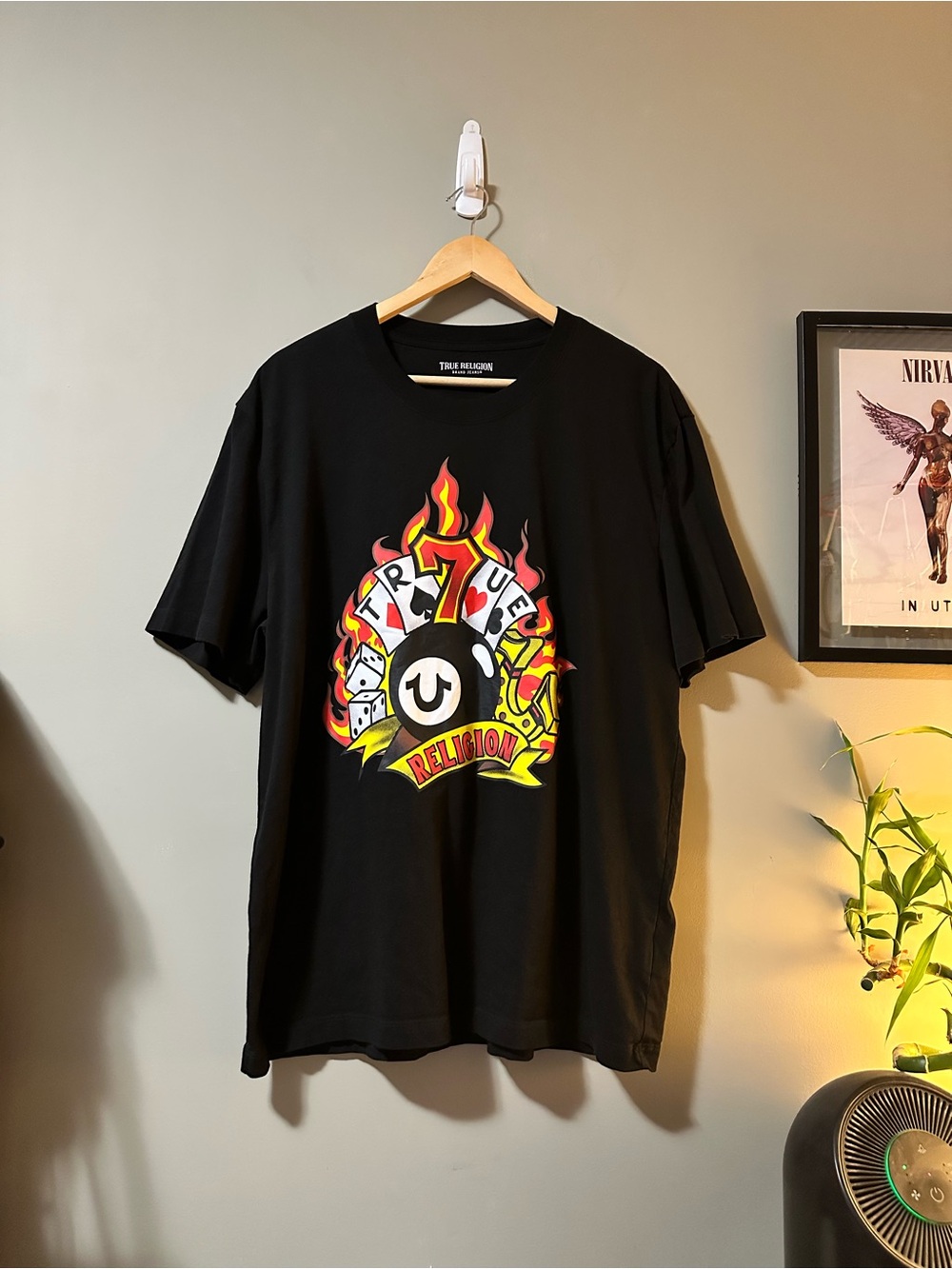 True Religion Black Short-Sleeve Tee with Flame Graphic